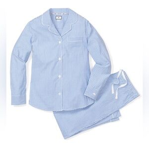 NEW Petite Plume Women's Twill Pajama Set in French Blue Heritage Stripe L $118